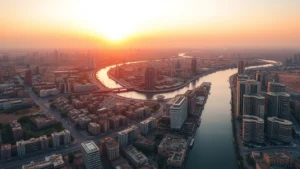 Aerial sunset view of Cairo cityscape with Nile River winding through modern and ancient architecture, golden hour lighting, vibrant orange-pink sky reflecting on water, dense urban development meeting desert landscape