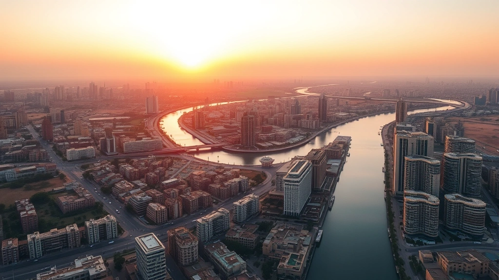 Aerial sunset view of Cairo cityscape with Nile River winding through modern and ancient architecture, golden hour lighting, vibrant orange-pink sky reflecting on water, dense urban development meeting desert landscape