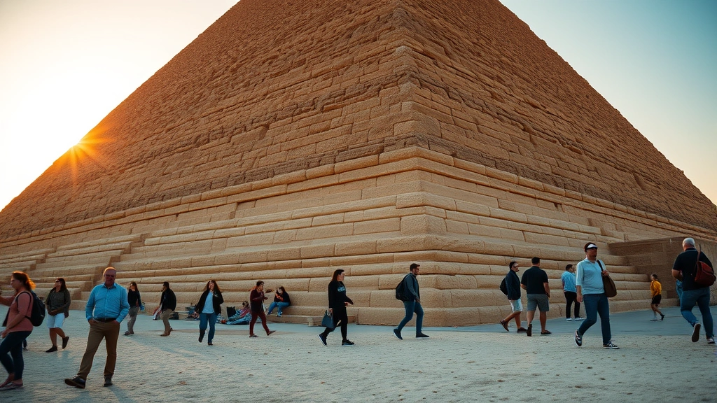 Close-up of Great Pyramid of Giza at golden hour with warm sunlight illuminating limestone blocks, tourists in casual travel clothing exploring base, desert sand and blue sky in background, authentic adventure atmosphere