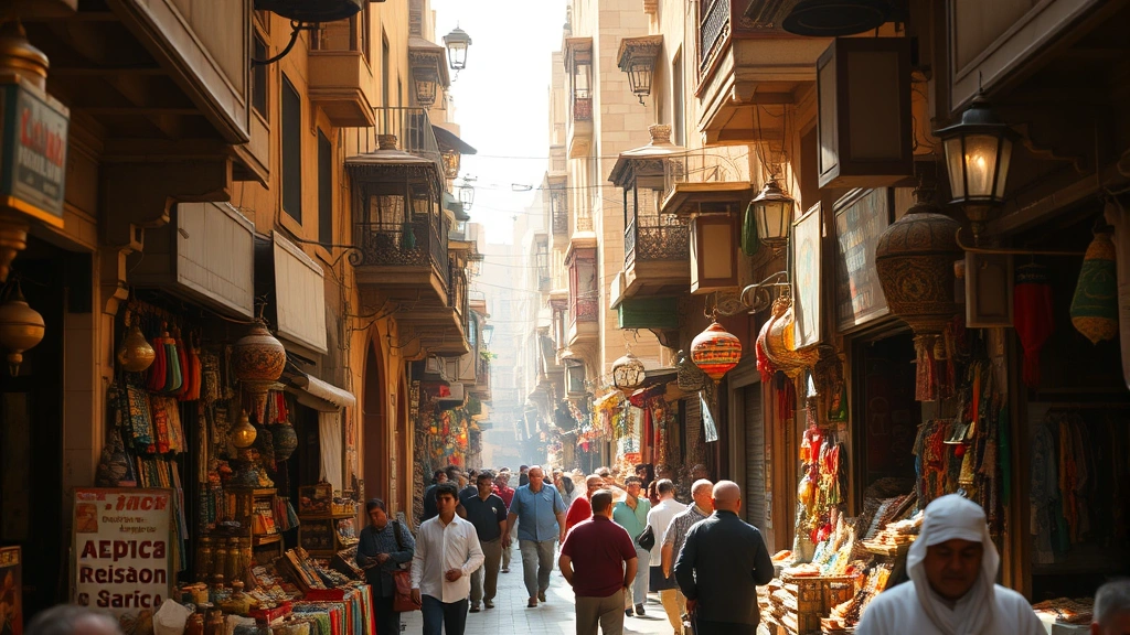 Bustling Khan El-Khalili bazaar in Cairo with narrow alleyways, colorful traditional goods, lanterns hanging overhead, local merchants and travelers navigating crowded marketplace, warm afternoon light filtering through narrow passages, vibrant Egyptian cultural energy