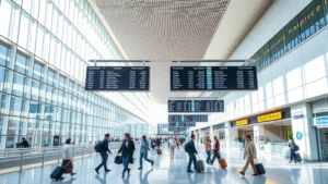 Modern Tokyo Haneda Airport terminal with sleek architecture, natural light streaming through glass panels, departure boards showing flight information, diverse international passengers with luggage