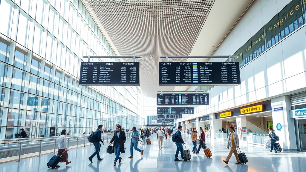 Modern Tokyo Haneda Airport terminal with sleek architecture, natural light streaming through glass panels, departure boards showing flight information, diverse international passengers with luggage
