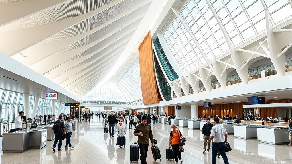 Hamad International Airport Doha modern architecture featuring distinctive roof design, spacious check-in counters, contemporary interior with wooden accents, bright natural lighting, international travelers in transit