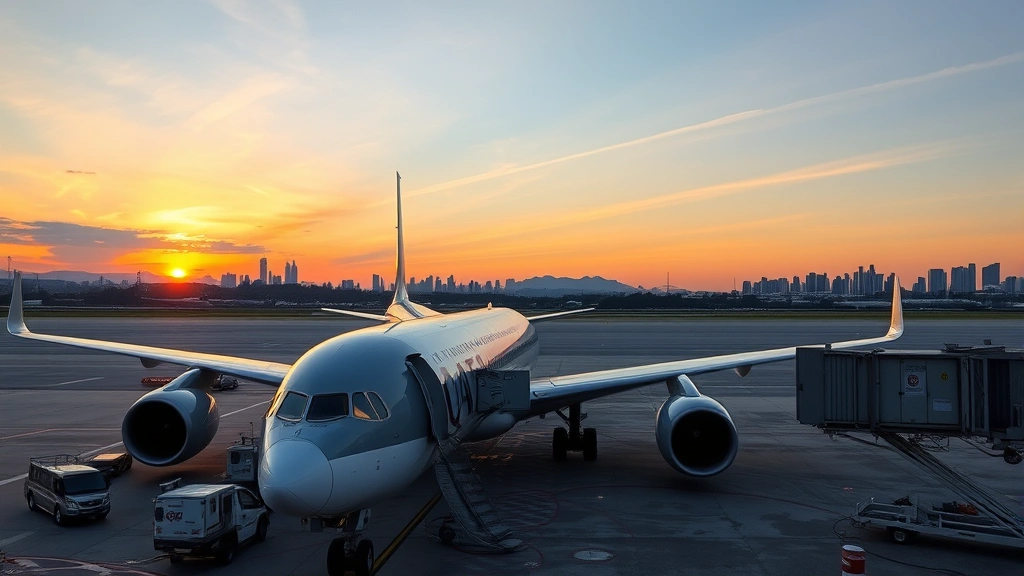 Aircraft tarmac at sunset with Qatar Airways plane parked at gate, ground crew performing maintenance checks, Tokyo cityscape visible in background, professional aviation operations scene