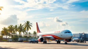 Modern aircraft at Trichy International Airport with tropical palm trees and blue sky, showing Air India livery and runway facilities in afternoon sunlight