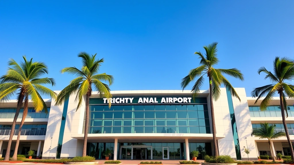 Trichy International Airport modern terminal building exterior with palm trees, clear blue sky, contemporary architecture, daytime natural lighting, no signage text visible