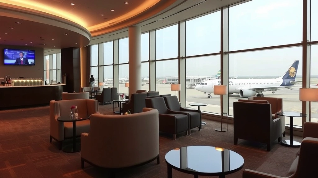 Luxury airport lounge interior with comfortable seating, floor-to-ceiling windows overlooking aircraft, soft lighting, and refreshment bar at Trichy terminal