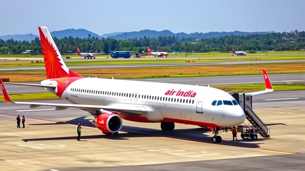 Air India aircraft parked at Trichy Airport tarmac with ground crew, tropical landscape background, bright sunlight, dynamic aviation scene