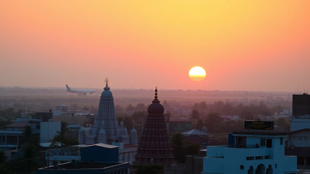 Trichy cityscape at sunset with traditional temple spires, modern buildings, and glimpse of airport runway in background, warm golden hour lighting