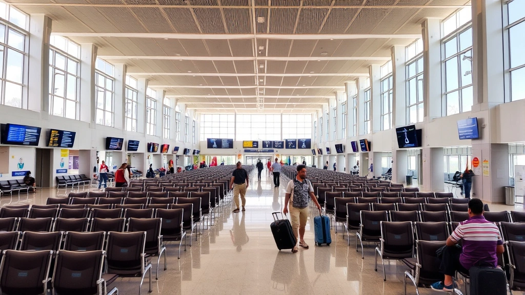 Trichy Airport departure hall interior with rows of seating, information displays, travelers with luggage, modern airport design, natural lighting from windows