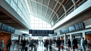 Modern Istanbul Airport terminal interior with contemporary architecture, travelers walking with luggage, departure boards displaying flight information, natural sunlight streaming through large windows, bustling but organized atmosphere