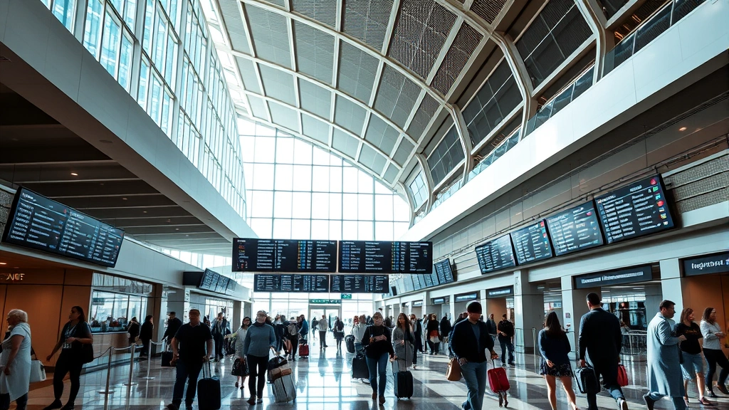 Modern Istanbul Airport terminal interior with contemporary architecture, travelers walking with luggage, departure boards displaying flight information, natural sunlight streaming through large windows, bustling but organized atmosphere