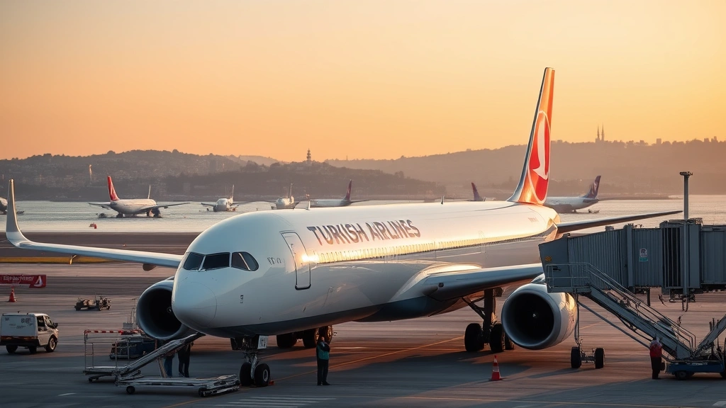 Turkish Airlines aircraft at gate with ground crew preparing for departure, blue and white livery visible, Istanbul cityscape with Bosphorus in background, professional aviation ground operations, golden hour lighting