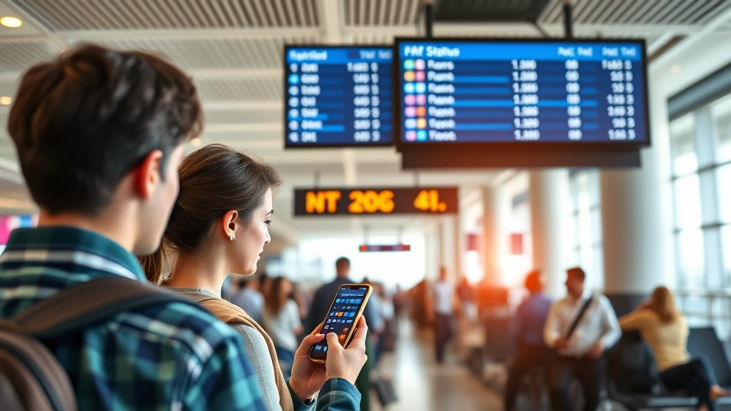 Travelers checking flight status on mobile phone and airport display screen, showing real-time information and flight updates, modern airport terminal setting with comfortable seating, diverse passengers, contemporary design elements