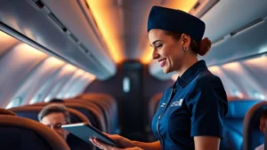 Professional female flight attendant in United Airlines uniform serving premium cabin passengers, warm cabin lighting, genuine interaction with passenger, modern aircraft interior