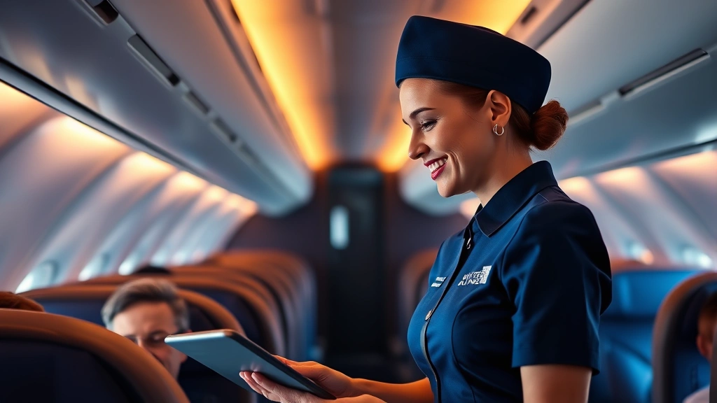 Professional female flight attendant in United Airlines uniform serving premium cabin passengers, warm cabin lighting, genuine interaction with passenger, modern aircraft interior
