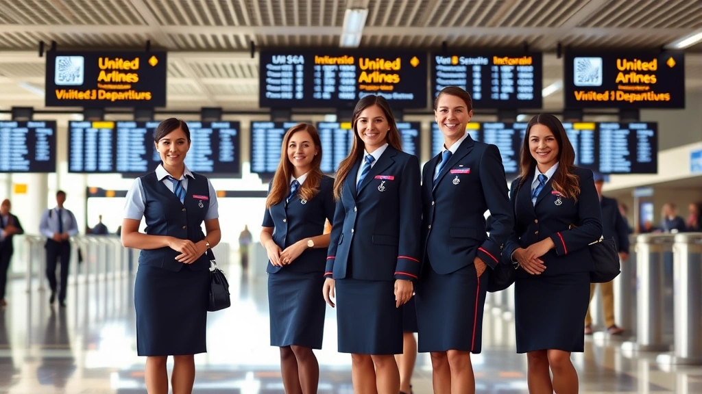 Diverse group of United Airlines flight attendants in crew uniform standing in modern airport terminal with international departure boards visible, professional airport setting with natural light