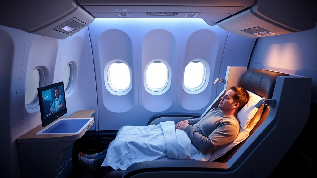 Modern Boeing 787 Dreamliner cabin interior with wide windows, contemporary seating, blue ambient lighting, and sleeping business class passenger in lie-flat seat