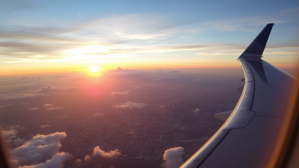 Aerial view from United Airlines flight window showing sprawling city skyline below with clouds, sunset lighting, and aircraft wing visible in frame