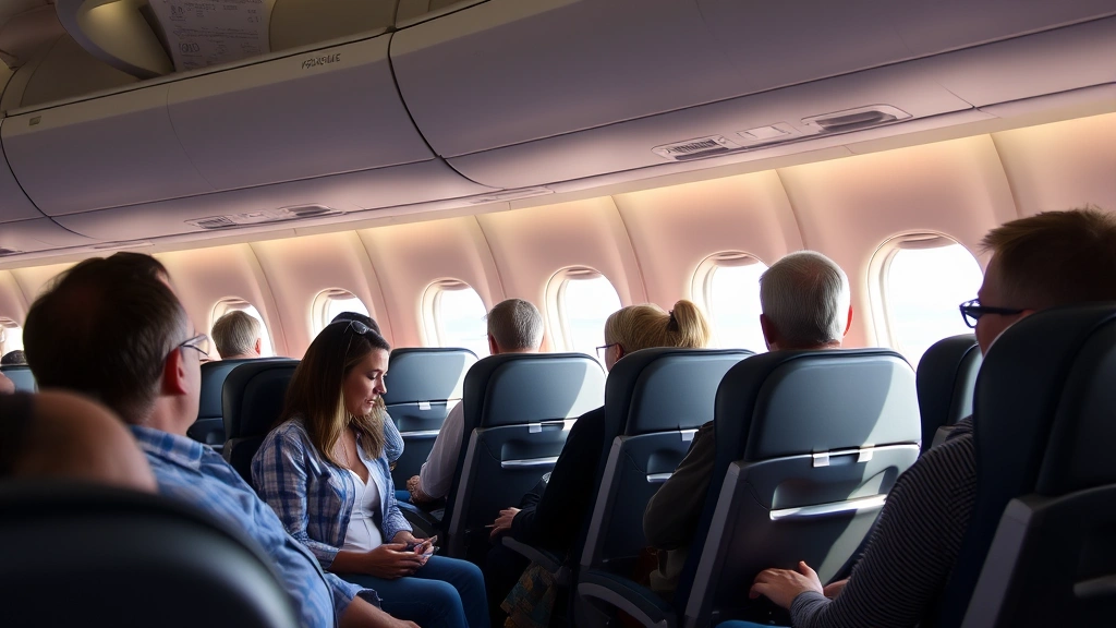 Passengers seated in airline cabin interior looking out window during flight, comfortable seating arrangement, natural daylight through windows showing sky