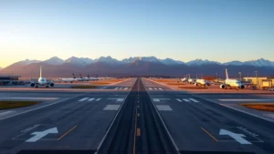 Wide-angle view of Anchorage International Airport runway during golden hour with snow-capped mountains in background, commercial aircraft visible on tarmac, clear blue sky, professional aviation infrastructure