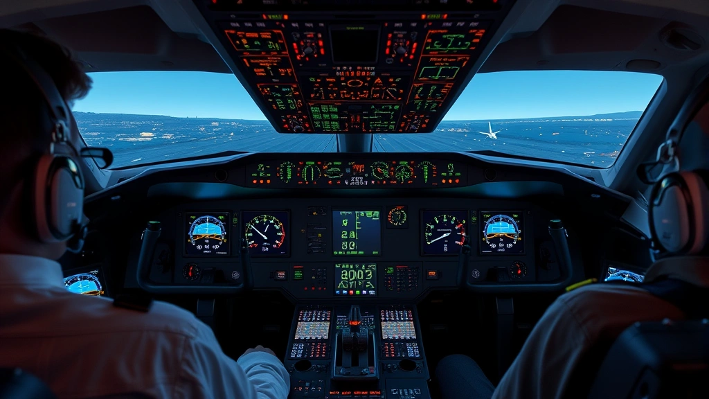 Interior cockpit view showing pilot monitoring fuel system gauges and digital displays during flight operations, professional aviation environment with multiple instrument panels, realistic lighting from screens