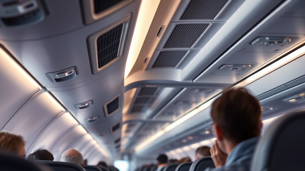 Commercial aircraft cabin interior during descent with passengers in seats, overhead compartments visible, professional lighting, realistic cabin atmosphere
