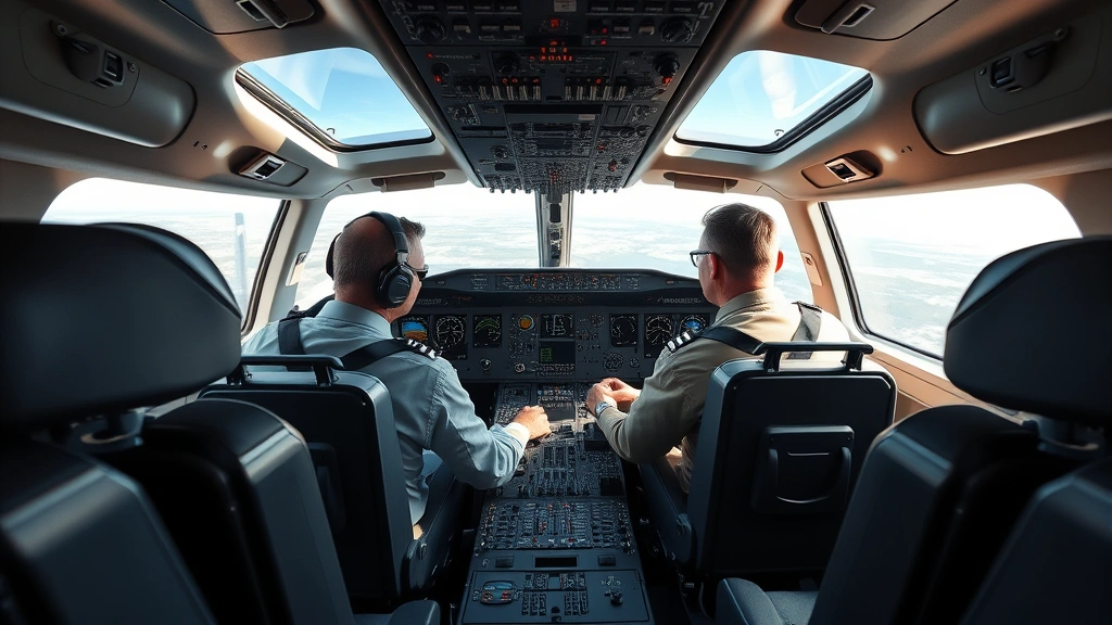 Commercial airplane cockpit interior with pilots conducting pre-flight checks, detailed instrumentation visible, professional aviation environment, photorealistic daylight