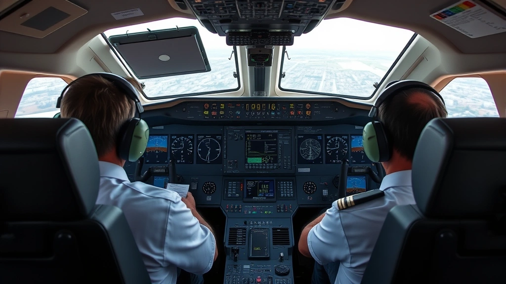Commercial aircraft cockpit interior with pilots during flight operations, showing modern avionics displays and control panels, realistic photography, daytime lighting, professional aviation environment