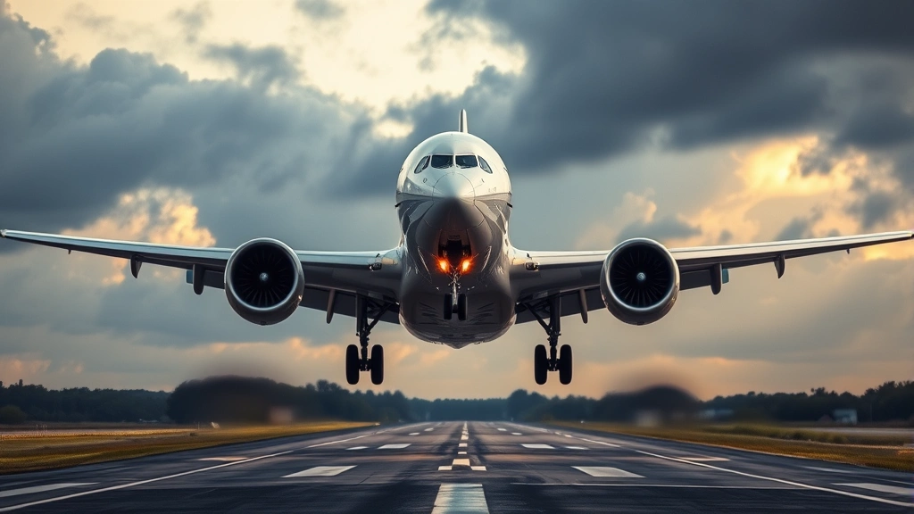 Boeing 787 Dreamliner landing gear deployment during final approach, runway visible below, dramatic sky, photorealistic aviation perspective