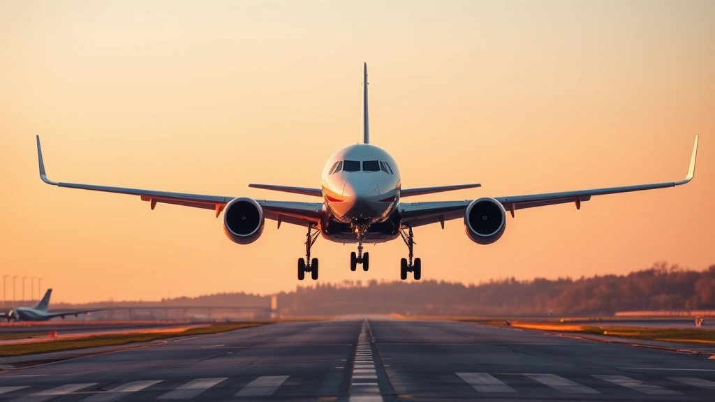 Modern commercial jet aircraft descending toward runway during golden hour, clear skies, detailed aircraft exterior, professional aviation photography style