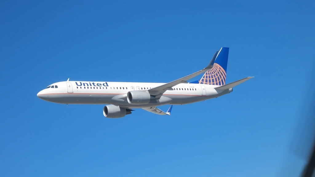 Modern commercial jet aircraft in flight against blue sky, United Airlines livery visible, photographed from another aircraft, clear weather conditions, realistic detail