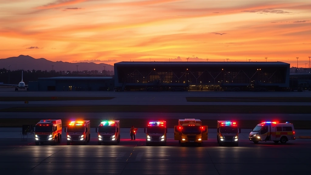 Emergency vehicles lined up on airport runway at sunset, fire trucks and rescue equipment positioned professionally, dramatic airport scene with modern terminal in background