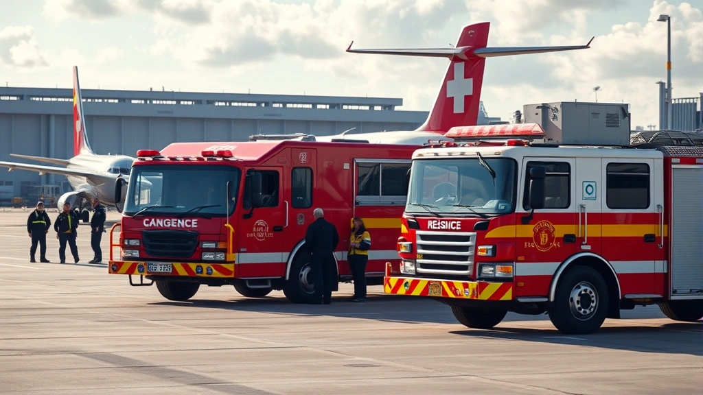 Airport emergency response team with fire trucks and personnel standing by runway, professional emergency preparedness setup, photorealistic daytime scene
