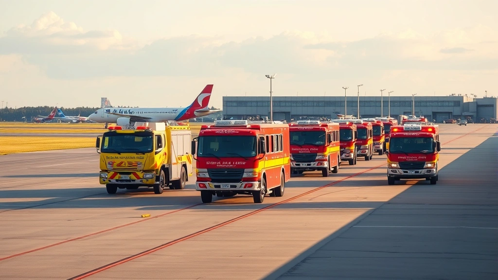Airport emergency response vehicles including fire trucks and medical units positioned along runway during standby, professional emergency preparedness setup, realistic daylight conditions