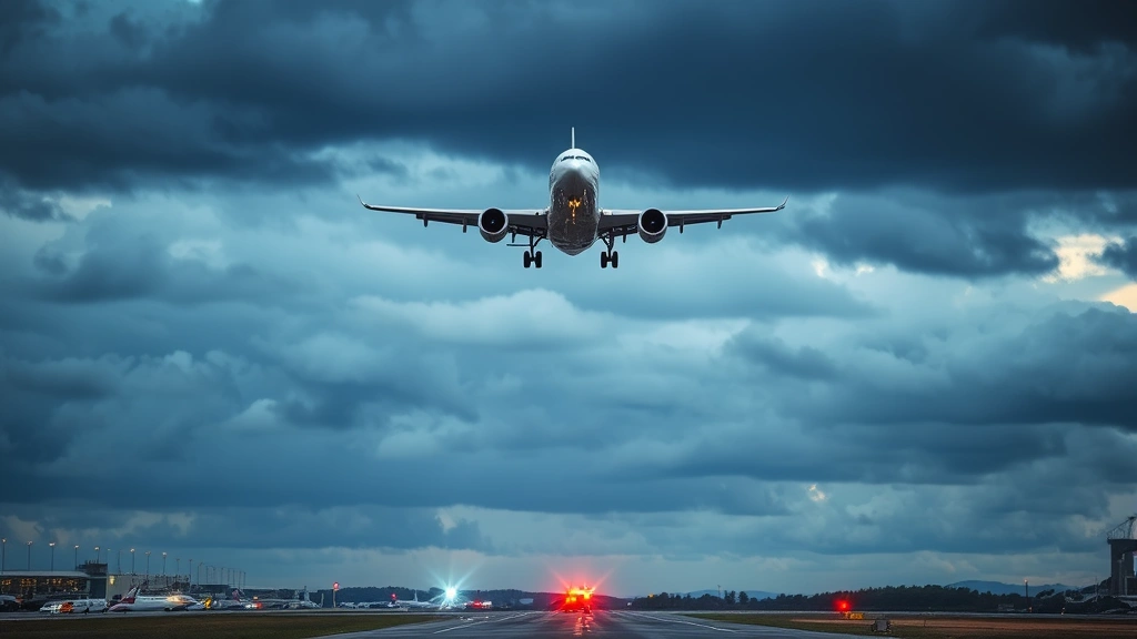 Commercial aircraft descending toward runway at major airport with emergency vehicle lights visible on tarmac below, dramatic cloudy sky, professional aviation photography
