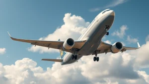 Modern commercial aircraft in flight against blue sky with white clouds, wide-angle photography capturing the plane's impressive size and engineering