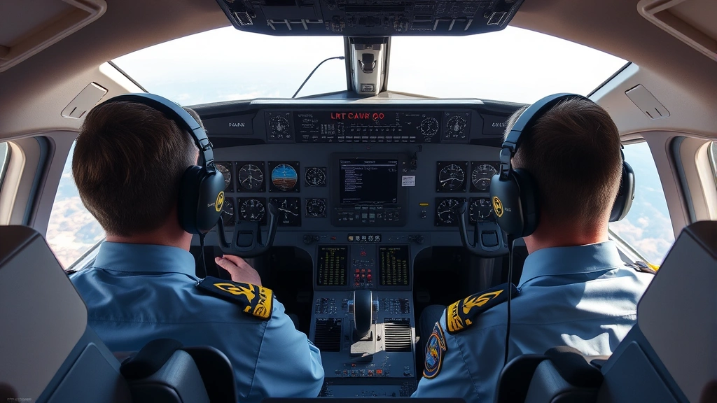 Interior view of modern aircraft cockpit during daytime with pilots in uniform reviewing instruments and communication equipment, realistic cabin environment