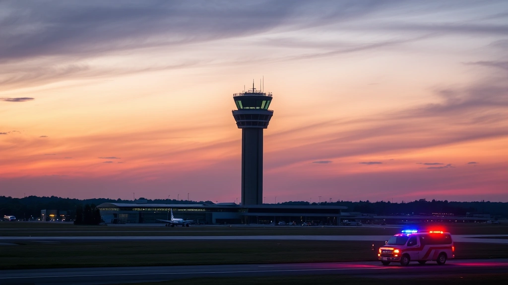 Dulles International Airport control tower and runway at sunset with emergency vehicles positioned nearby, professional aviation infrastructure photography