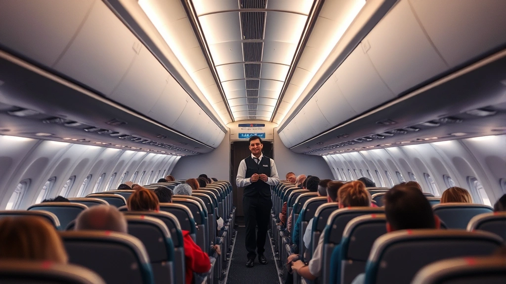 Interior cabin view of modern commercial aircraft showing rows of passenger seats, overhead bins, and illuminated aisle with professional flight attendant demonstrating safety procedures to attentive passengers
