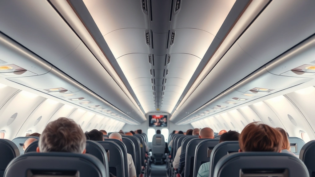 Airplane cabin interior during normal flight with passengers seated calmly, overhead compartments closed, demonstrating modern aircraft comfort and safety features