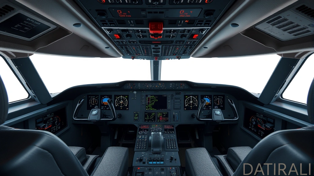 Interior view of modern aircraft cockpit showing pilot instruments and controls, realistic professional aviation environment, no visible text on displays