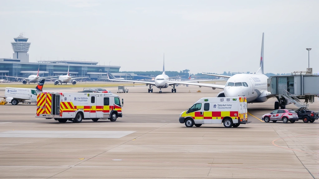 Newark Liberty International Airport tarmac with emergency response vehicles positioned near runway, professional aviation photography, no identifying text or signs