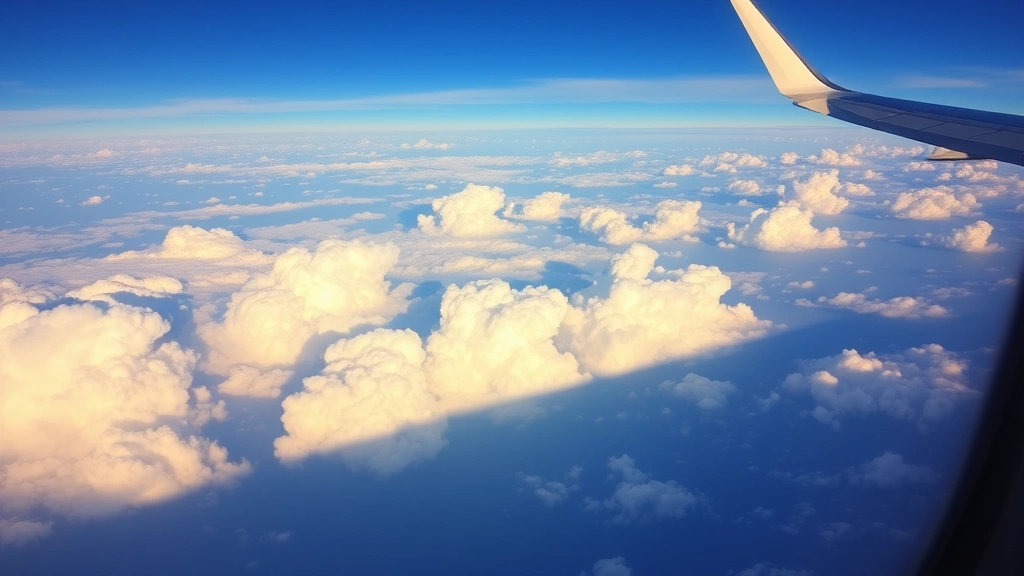 Aerial view from aircraft window showing puffy white cumulus clouds stretching across a bright blue sky at 35000 feet altitude, golden sunlight illuminating the cloud tops, peaceful and expansive atmosphere, photorealistic travel photography