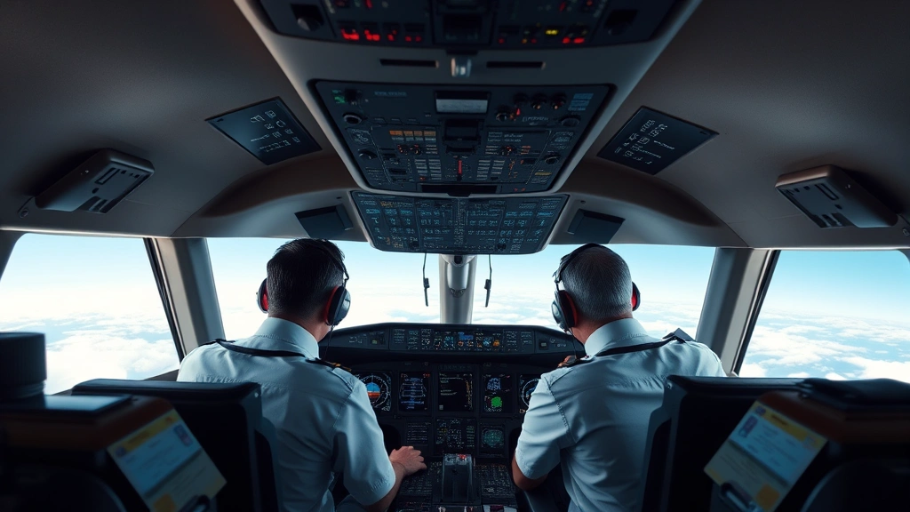 Commercial airplane cockpit with captain and first officer monitoring radar and weather systems during flight, professional aviation environment, photorealistic