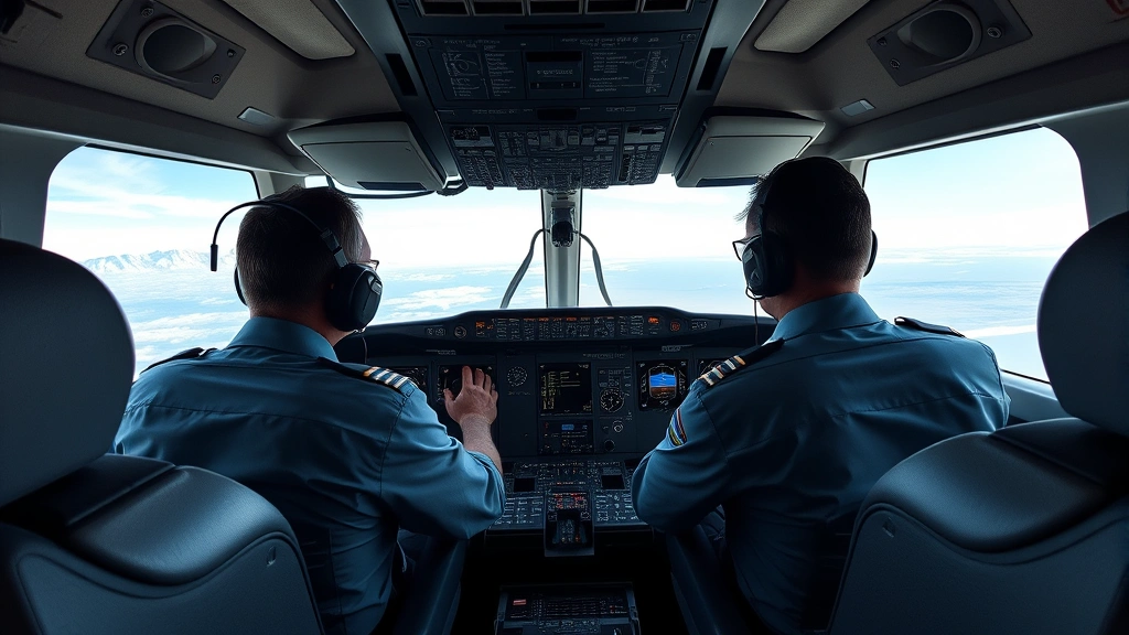 Modern aircraft cockpit interior with pilots in uniform reviewing flight instruments and weather radar displays, natural daylight streaming through windows showing clear skies ahead, professional aviation environment, photorealistic detail