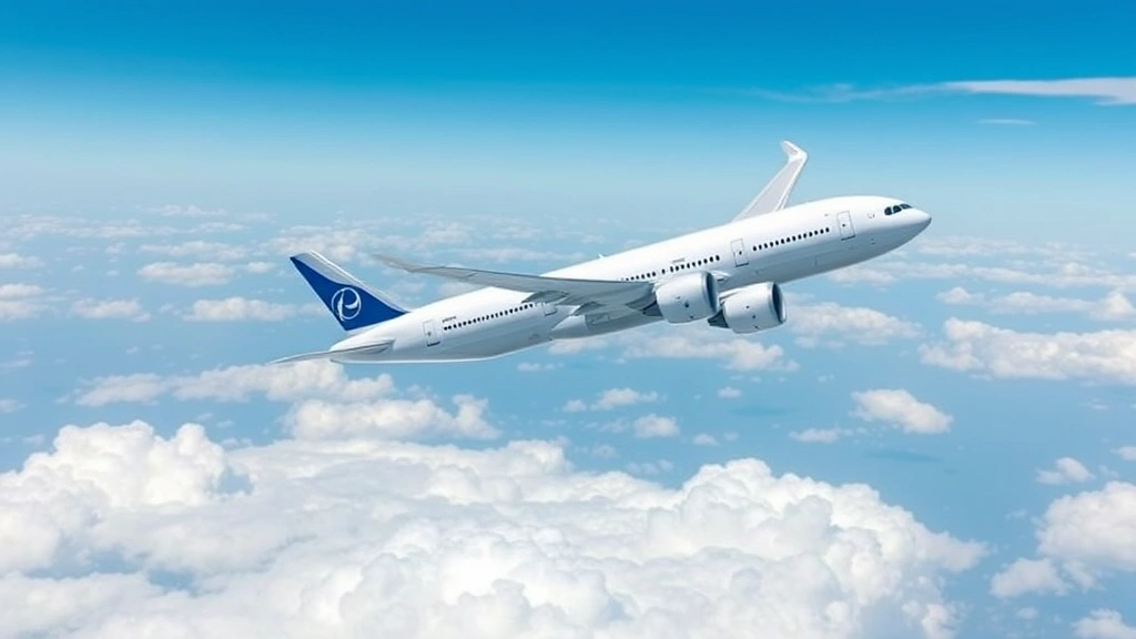 Aerial view of Boeing 777 cruising through clear blue sky above white clouds, showing aircraft stability and engineering, photorealistic from outside perspective
