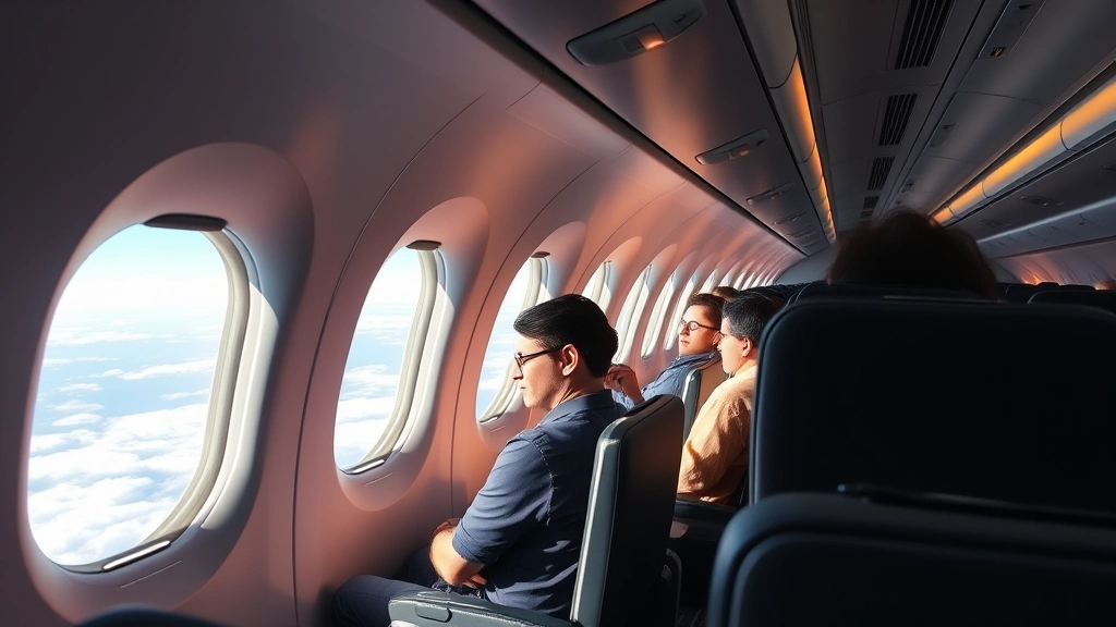 Interior of commercial aircraft cabin during smooth flight, passengers relaxed in seats with window views of distant clouds and landscape below, natural lighting, comfortable travel environment, photorealistic airline photography