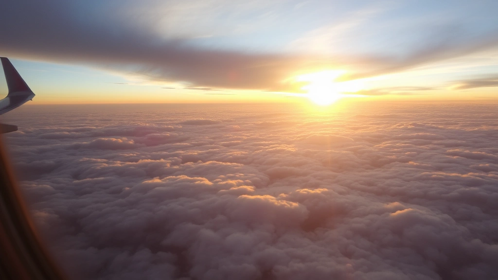 Sunrise view from airplane window showing clouds and atmospheric conditions at cruise altitude, golden light on horizon, peaceful flying scene