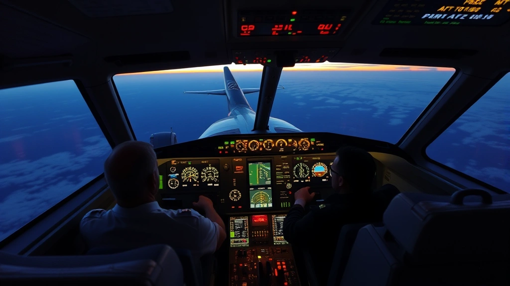 Modern Boeing aircraft cockpit with pilots monitoring instrument panels during transatlantic flight over dark Atlantic Ocean at dawn, realistic professional aviation environment